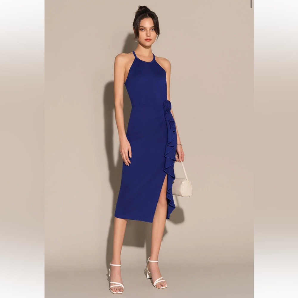 Grace Karin Ruffle & Flower Halter Bodycon Party Dress, M